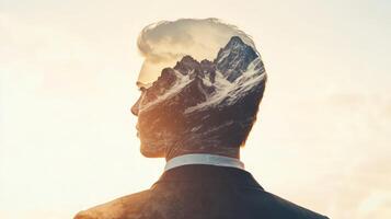 Double exposure of a businessperson looking ahead with mountain peaks subtly superimposed, symbolizing reaching new heights photo