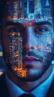 Close up of a businessman face, with skyscrapers and urban lights blended into his facial features photo