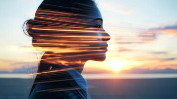 Double exposure of a businessperson with abstract glowing lines and a sunrise horizon layered, symbolizing new opportunities and hope photo