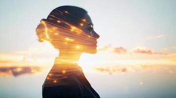 Double exposure of a businessperson with abstract glowing lines and a sunrise horizon layered, symbolizing new opportunities and hope photo