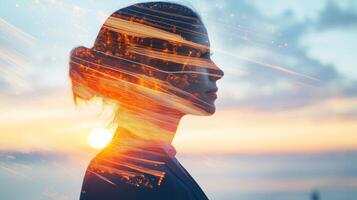 Double exposure of a businessperson with abstract glowing lines and a sunrise horizon layered, symbolizing new opportunities and hope photo