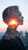 Double exposure of a businessperson with glowing city lights and a rising sun, symbolizing new beginnings and success photo