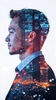 Double exposure portrait of a businessman with technology and data symbols subtly blended into his figure photo