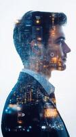 Double exposure portrait of a businessman with technology and data symbols subtly blended into his figure photo