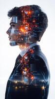 Double exposure portrait of a businessman with technology and data symbols subtly blended into his figure photo