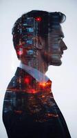Double exposure portrait of a businessman with technology and data symbols subtly blended into his figure photo