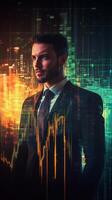 A businessman in a suit, looking confidently ahead, with his form merged with financial graphs and digital data streams photo