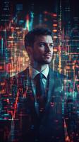 A businessman in a suit, looking confidently ahead, with his form merged with financial graphs and digital data streams photo