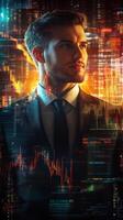 A businessman in a suit, looking confidently ahead, with his form merged with financial graphs and digital data streams photo