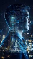A businessperson in profile, with futuristic architecture and lines of code subtly layered over his form photo