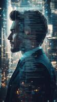 A businessperson in profile, with futuristic architecture and lines of code subtly layered over his form photo