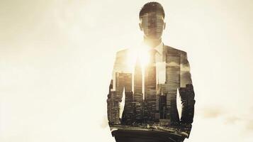 A double exposure of a businessman standing confidently with a city skyline layered over his figure, symbolizing ambition and growth photo