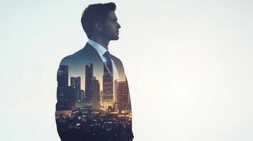 A double exposure of a businessman standing confidently with a city skyline layered over his figure, symbolizing ambition and growth photo