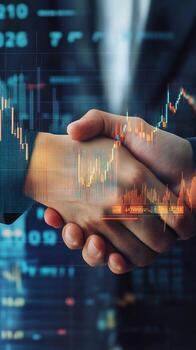 A businessperson shaking hands, with financial data and stock market charts overlaid in a double exposure style photo