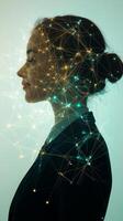 A side view of a businessperson, overlaid with a network of interconnected lines symbolizing global connectivity photo