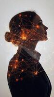 A side view of a businessperson, overlaid with a network of interconnected lines symbolizing global connectivity photo