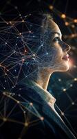 A side view of a businessperson, overlaid with a network of interconnected lines symbolizing global connectivity photo