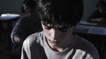 A closeup of a teenage boy sitting alone in a dark classroom, his face turned down as if in sadness photo
