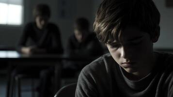 A closeup of a teenage boy sitting alone in a dark classroom, his face turned down as if in sadness photo