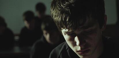 A closeup of a teenage boy sitting alone in a dark classroom, his face turned down as if in sadness photo