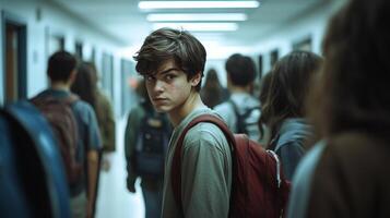 A crowded school hallway where a boy is being bullied, while a group of students look at him. photo
