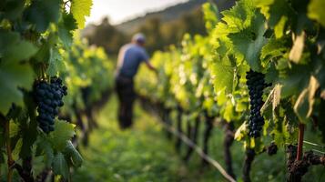 A lush green vineyard in the foreground with grapevines, while a blurred farmer tends to the plants in the background photo