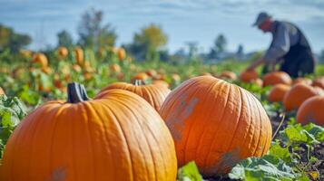 A ripe pumpkin patch with vibrant orange pumpkins in the foreground, and a blurred farmer tending the crops in the background photo