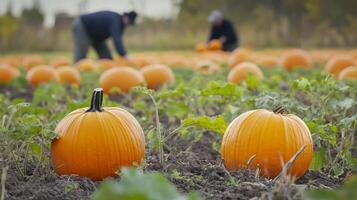 A ripe pumpkin patch with vibrant orange pumpkins in the foreground, and a blurred farmer tending the crops in the background photo
