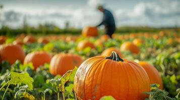 A ripe pumpkin patch with vibrant orange pumpkins in the foreground, and a blurred farmer tending the crops in the background photo