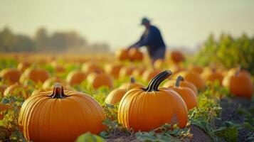 A ripe pumpkin patch with vibrant orange pumpkins in the foreground, and a blurred farmer tending the crops in the background photo