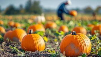 A ripe pumpkin patch with vibrant orange pumpkins in the foreground, and a blurred farmer tending the crops in the background photo
