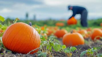 A ripe pumpkin patch with vibrant orange pumpkins in the foreground, and a blurred farmer tending the crops in the background photo