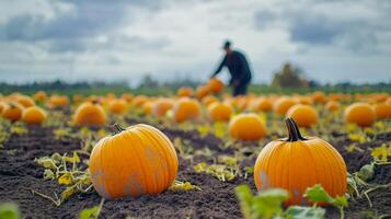 A ripe pumpkin patch with vibrant orange pumpkins in the foreground, and a blurred farmer tending the crops in the background photo