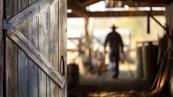 A rustic barn door slightly open in the foreground, with a blurred farmer walking inside with farming tools in the background photo
