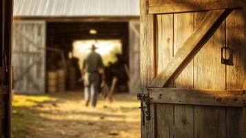 A rustic barn door slightly open in the foreground, with a blurred farmer walking inside with farming tools in the background photo