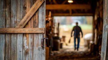 A rustic barn door slightly open in the foreground, with a blurred farmer walking inside with farming tools in the background photo