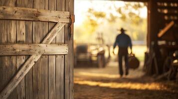 A rustic barn door slightly open in the foreground, with a blurred farmer walking inside with farming tools in the background photo