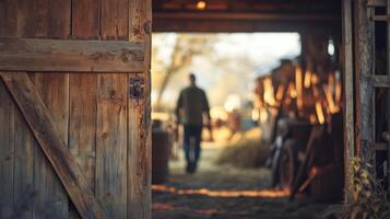 A rustic barn door slightly open in the foreground, with a blurred farmer walking inside with farming tools in the background photo