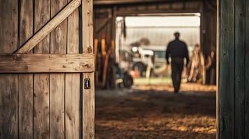 A rustic barn door slightly open in the foreground, with a blurred farmer walking inside with farming tools in the background photo