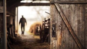 A rustic barn door slightly open in the foreground, with a blurred farmer walking inside with farming tools in the background photo