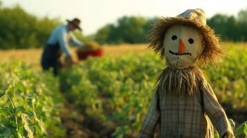 A scarecrow standing in a field, with a blurred farmer working among the crops in the background, adding a traditional farm touch photo
