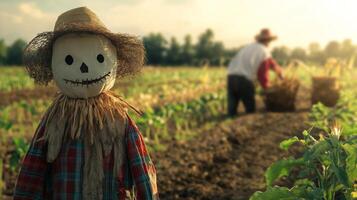 A scarecrow standing in a field, with a blurred farmer working among the crops in the background, adding a traditional farm touch photo