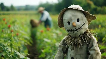 A scarecrow standing in a field, with a blurred farmer working among the crops in the background, adding a traditional farm touch photo