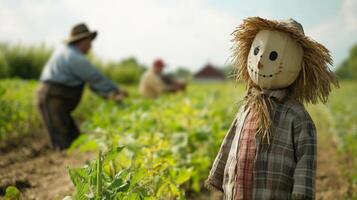 A scarecrow standing in a field, with a blurred farmer working among the crops in the background, adding a traditional farm touch photo