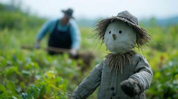 A scarecrow standing in a field, with a blurred farmer working among the crops in the background, adding a traditional farm touch photo
