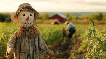 A scarecrow standing in a field, with a blurred farmer working among the crops in the background, adding a traditional farm touch photo