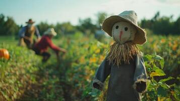 A scarecrow standing in a field, with a blurred farmer working among the crops in the background, adding a traditional farm touch photo