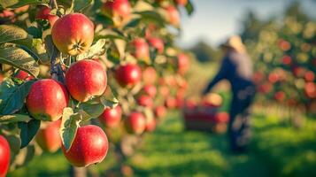 A vibrant apple orchard with ripe red apples on the trees, while a blurred farmer is harvesting in the background photo