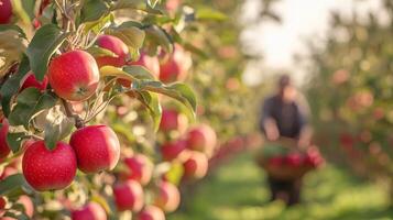 A vibrant apple orchard with ripe red apples on the trees, while a blurred farmer is harvesting in the background photo