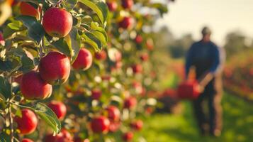 A vibrant apple orchard with ripe red apples on the trees, while a blurred farmer is harvesting in the background photo